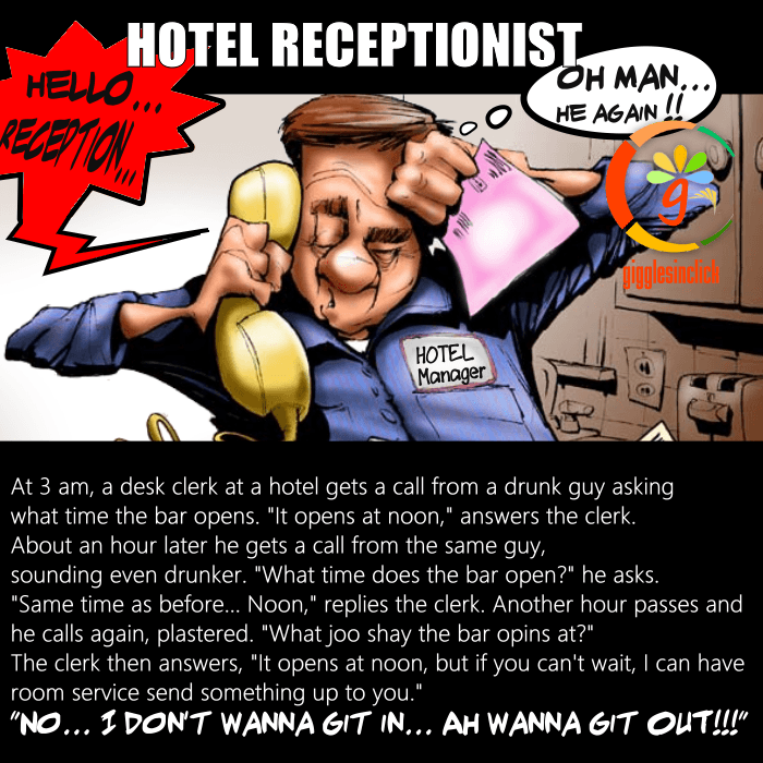 hotel receptionist, drunk, bar, client, open, giggles, gigglesinclick.com